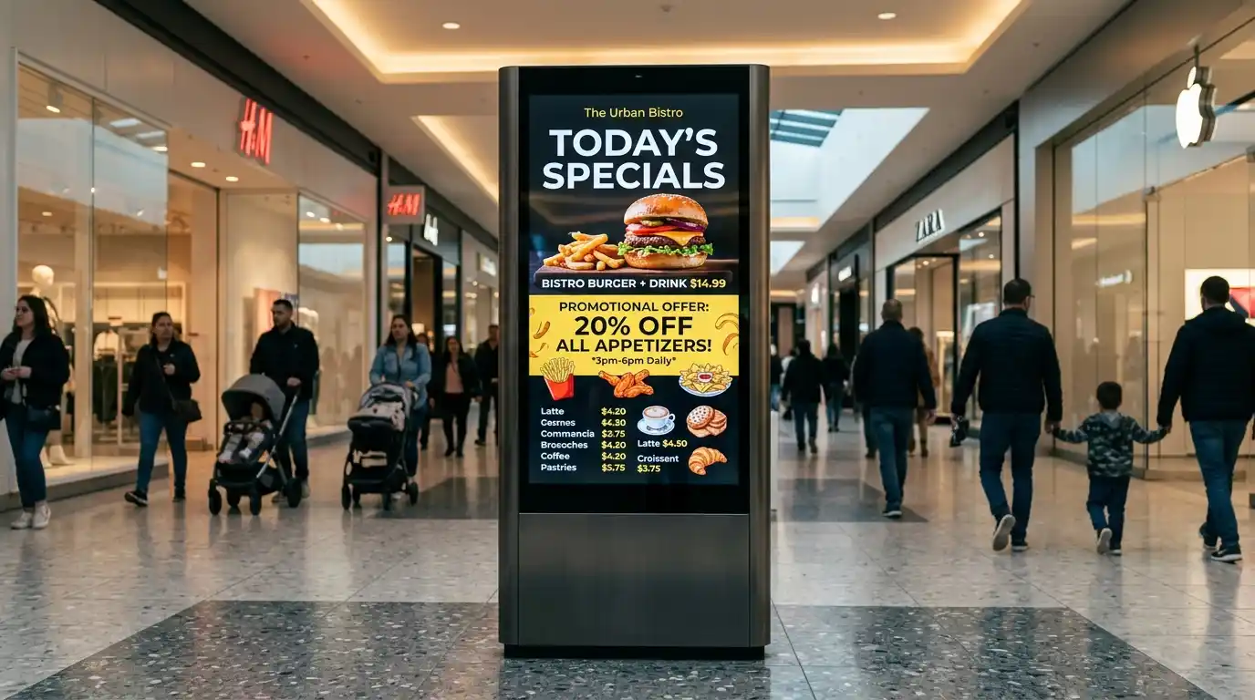 Tótem digital publicitario vertical en un centro comercial mostrando menú y ofertas especiales.