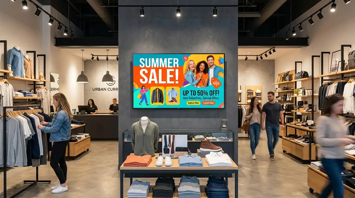 Pantalla profesional de Digital Signage mostrando promociones y ofertas en una tienda de ropa comercial.